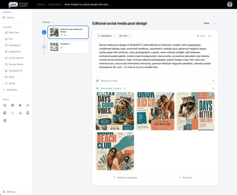 Prompt Studio editor showing nested folders, a two-step thread, a Share button, and four generated editorial social images