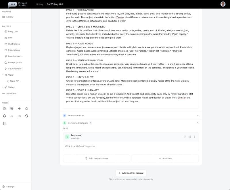Prompt Studio prompt with a markdown text response output and a button to add another prompt to start a thread