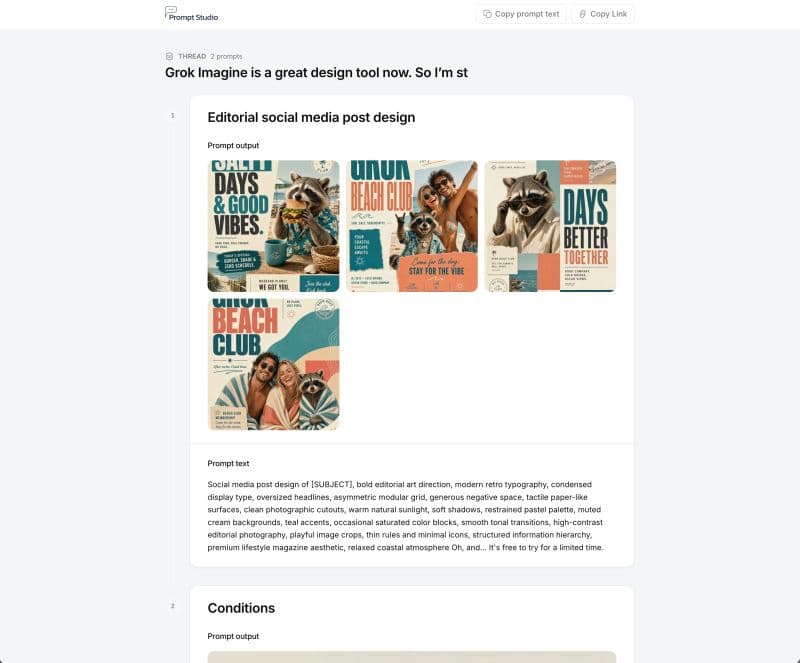 Public share page for a Prompt Studio thread with two prompts, copy actions, and generated outputs visible